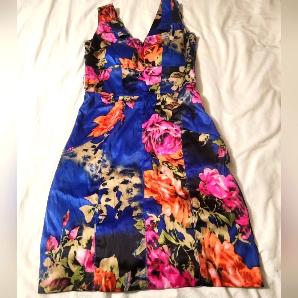 Royal Blue floral bodycon dress size: 3/4